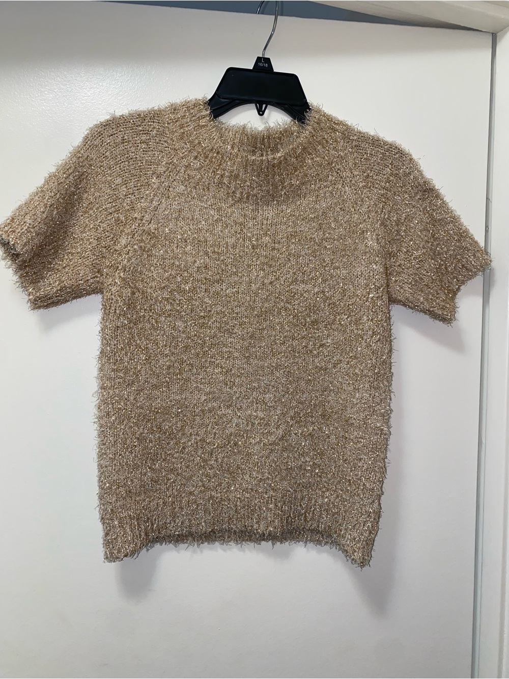 Sparkly Women's Short-Sleeve Fuzzy Sweater - Camel